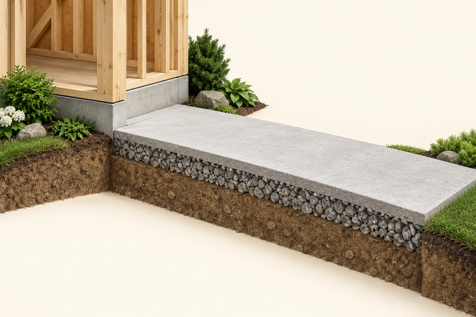 Original timber-house corner and short concrete-like paved strip. The near-side cutaway shows a grey top, a coarse stone-textured layer and brown ground underneath.