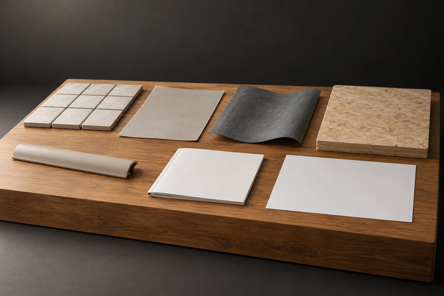 Separate pale tile-like pieces, a thin neutral sheet, a flexible dark specimen, a textured broad panel, an unattached transition form and blank papers on timber