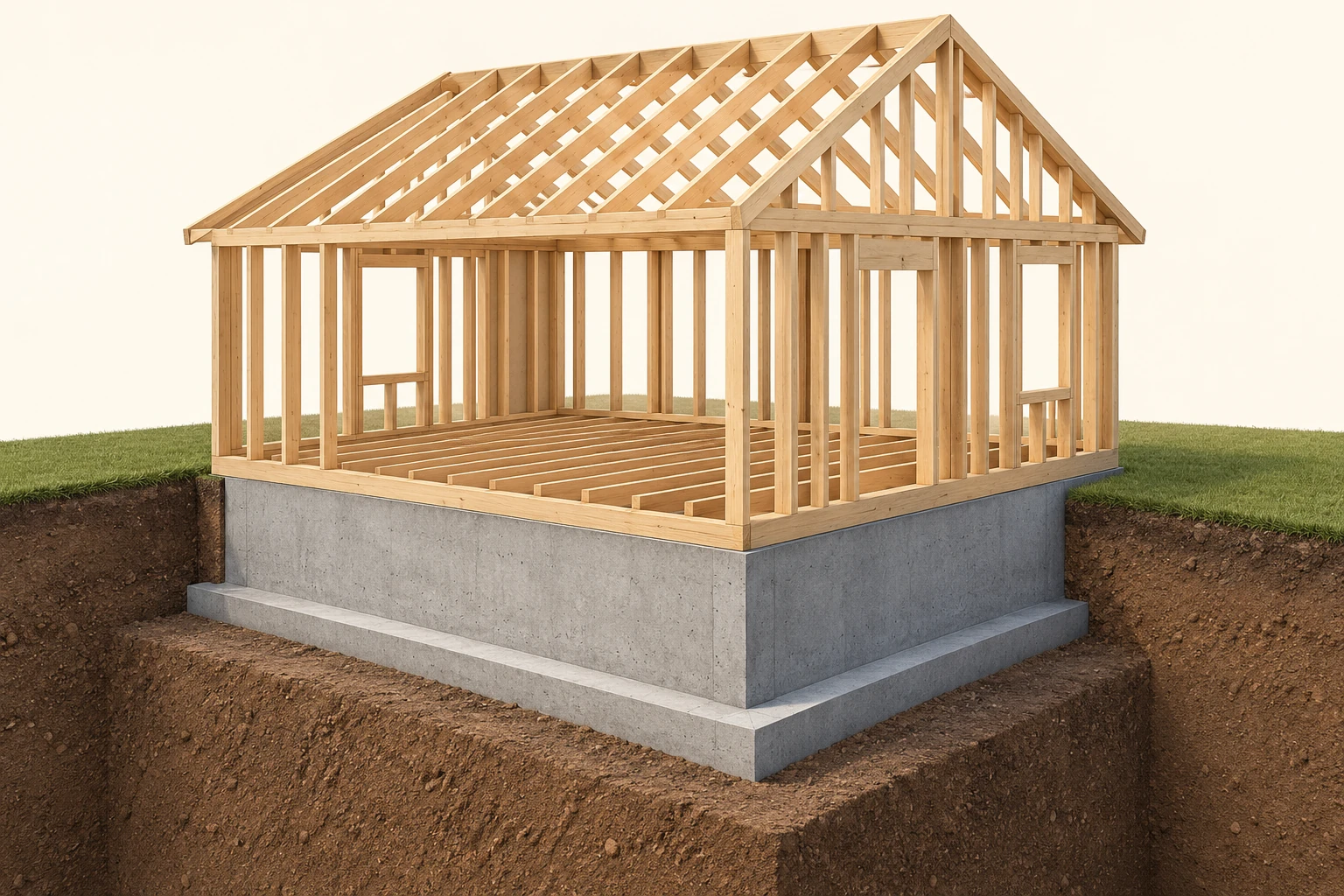 A timber house skeleton rests on a plain concrete foundation wall and wider footing within an illustrative soil cutaway.