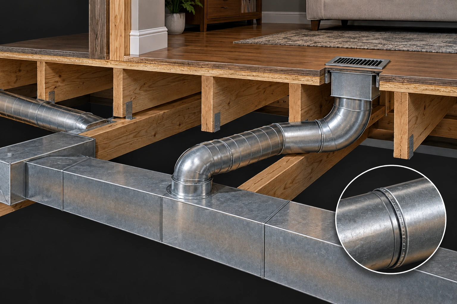 A metal supply trunk connects through a visible takeoff to a round branch, elbow and register boot beneath a finished room, with an enlarged joined-duct seam inset.