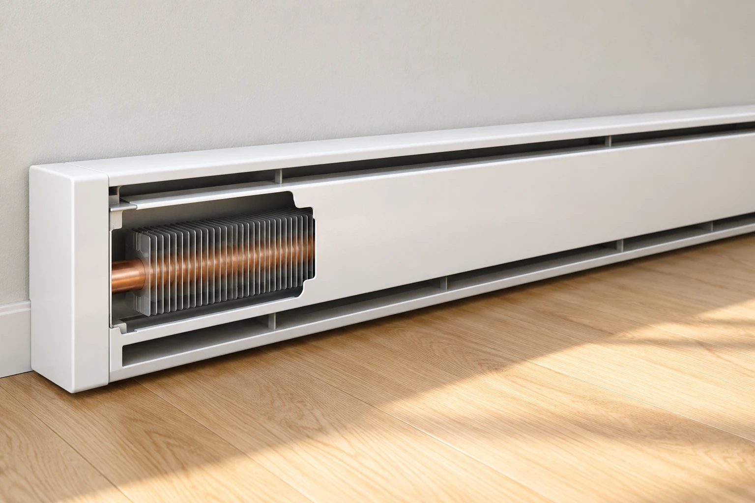Closed copper water tube running through thin aluminum fins inside a long low white baseboard cabinet.