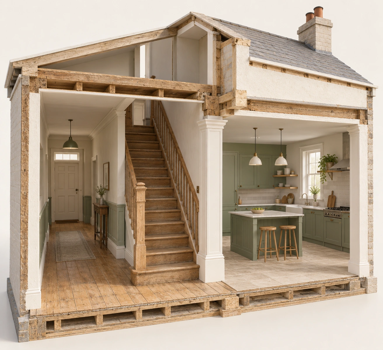 Illustrated older home cutaway revealing a green kitchen, timber supports and a central staircase