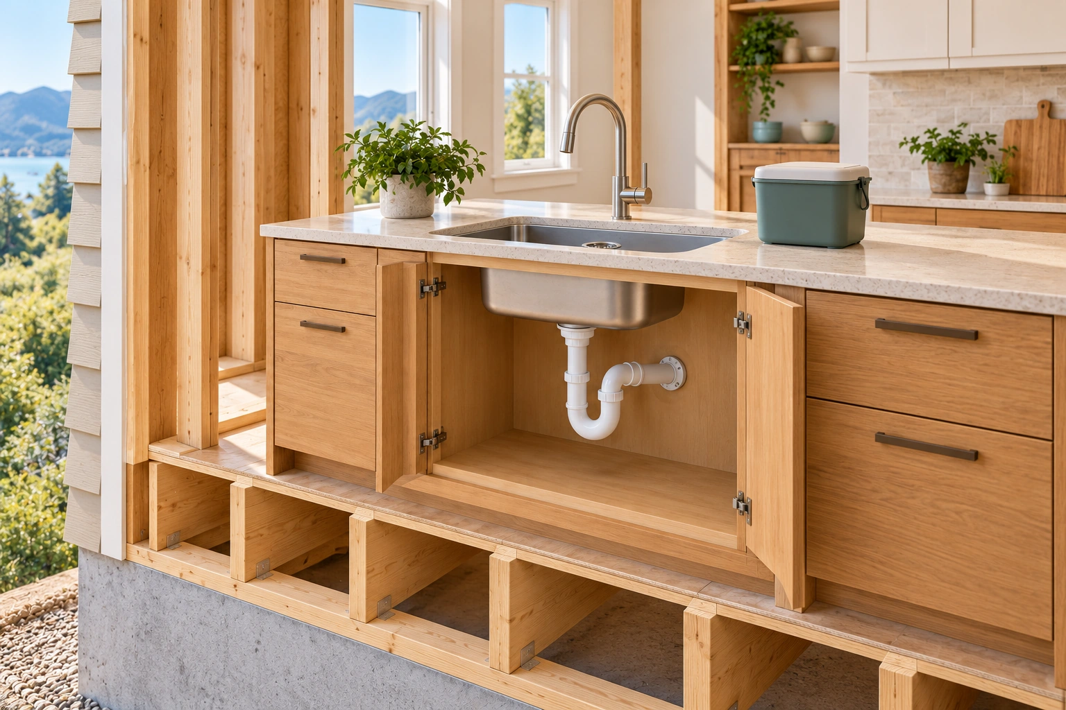 An ordinary sink with strainer drains through a connected trap; a closed teal food-scrap caddy sits separately on the counter. No disposer is shown.