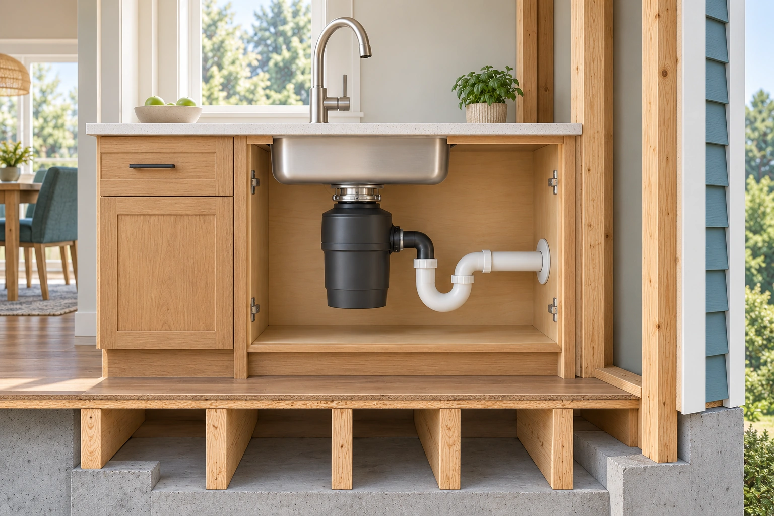 The house cutaway shows a sink over a closed disposer, with side discharge connected through a curved trap to the wall. Exposed framing gives building context.